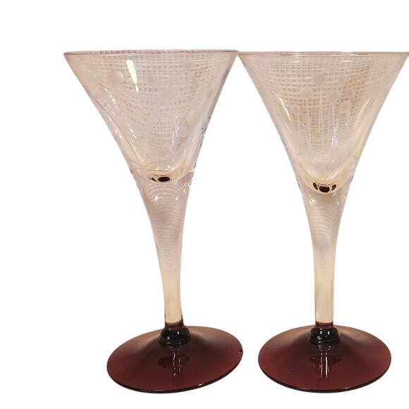2 Vintage MCM Hand Cut Amethyst Footed Crystal Cocktail Cordial Sherry Glasses - Picture 1 of 11